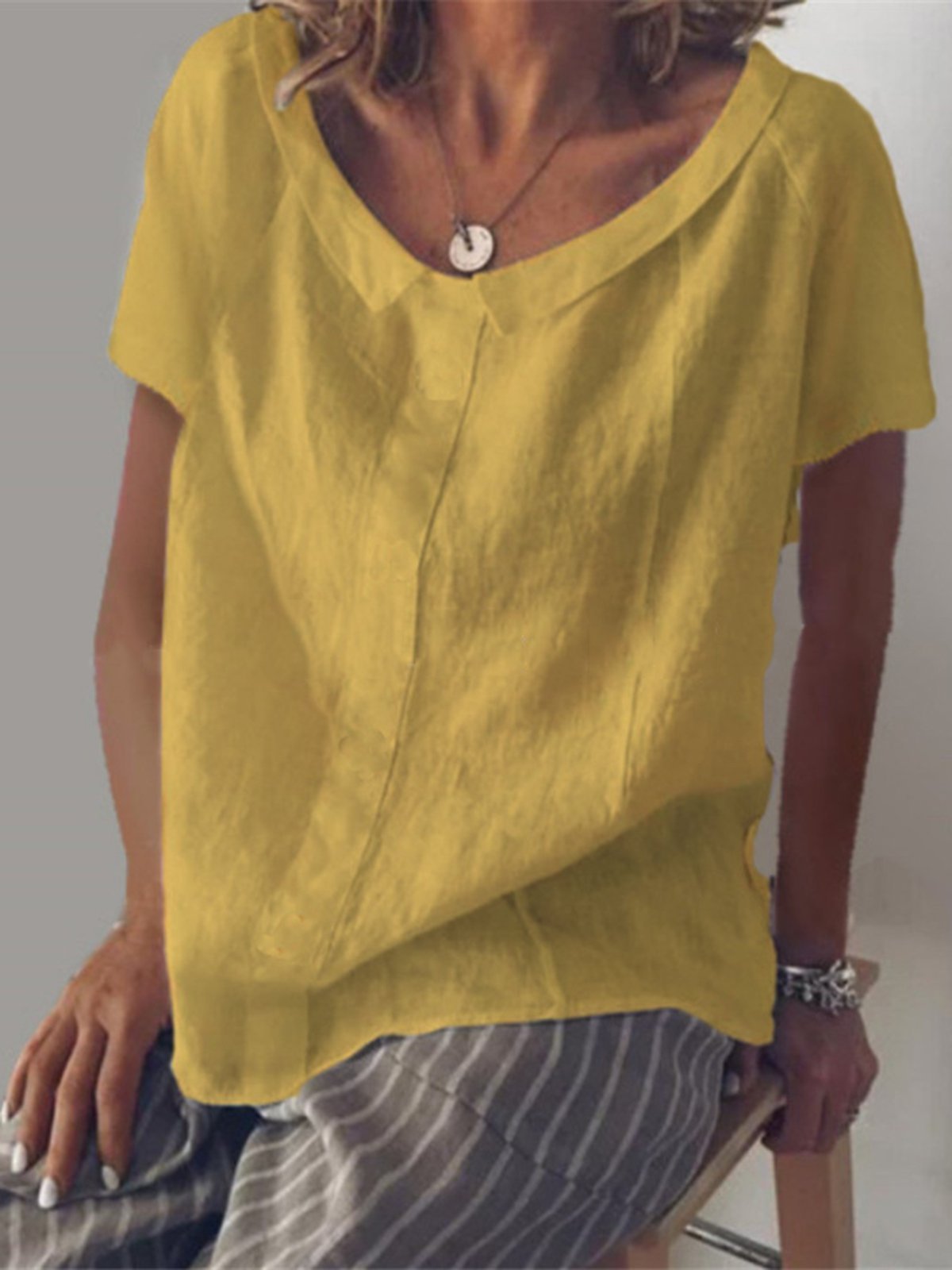 Camicie & Top di Cottone Solido Casuale a Maniche Corte