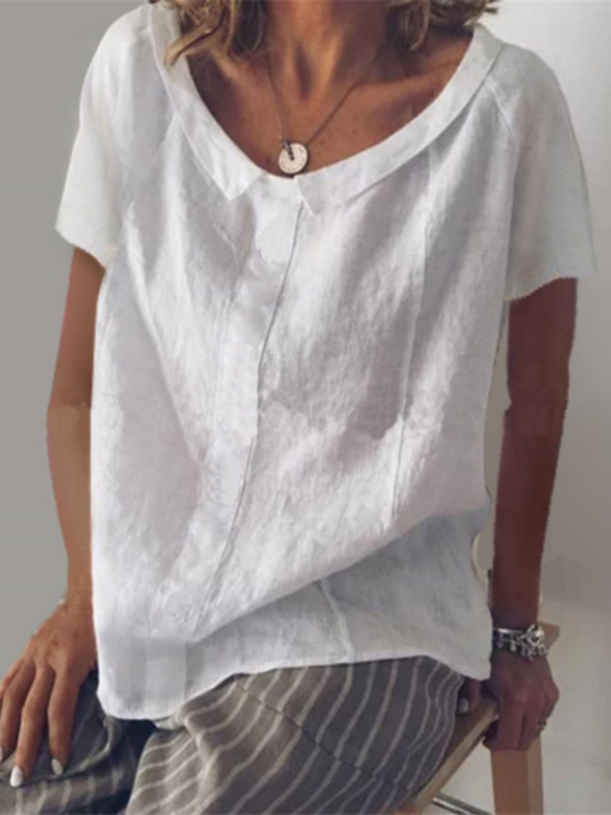 Camicie & Top di Cottone Solido Casuale a Maniche Corte