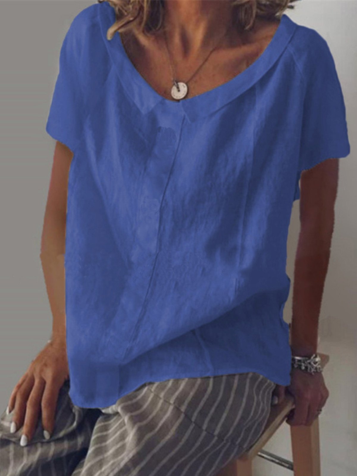 Camicie & Top di Cottone Solido Casuale a Maniche Corte