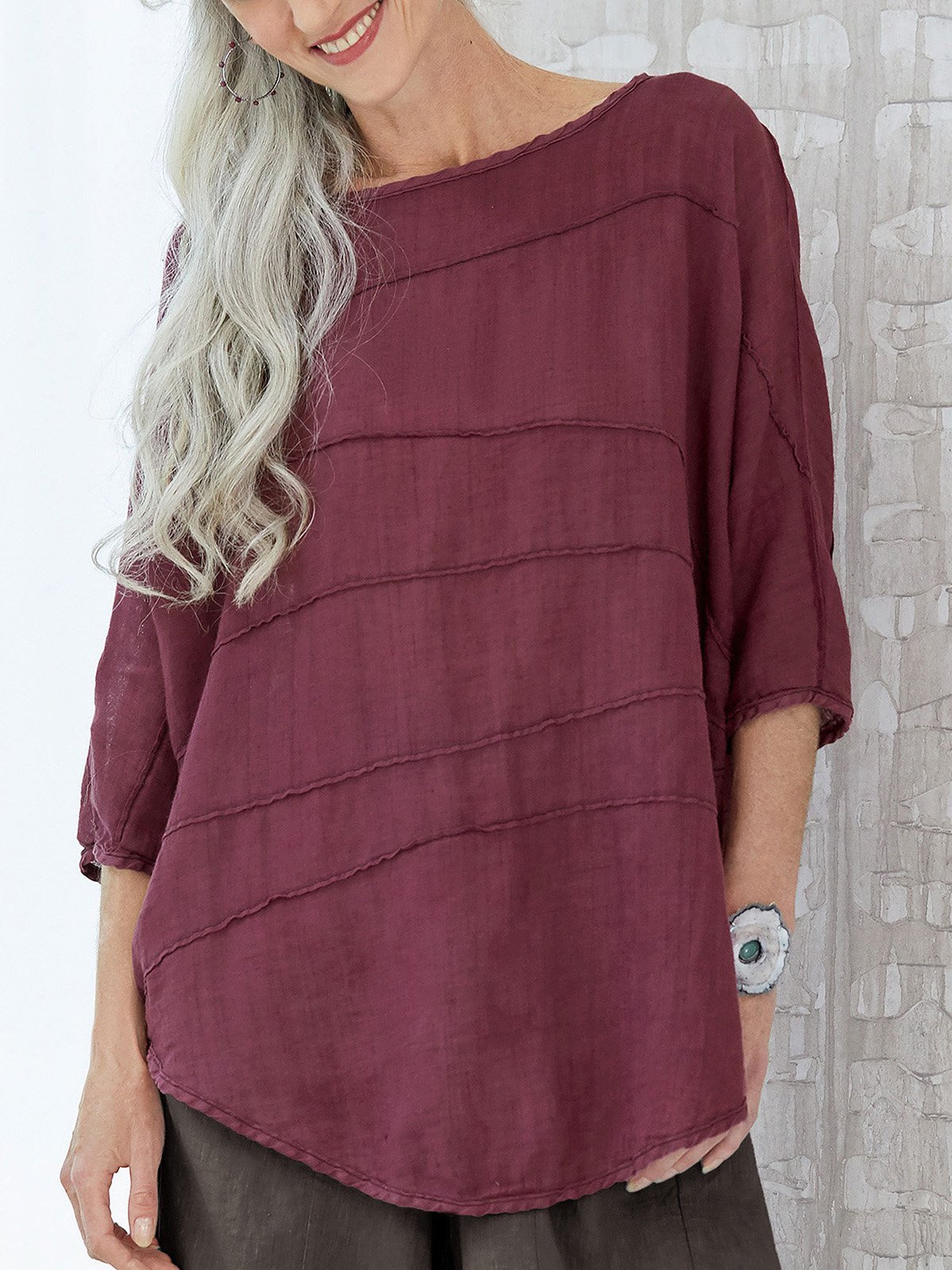 Camicette Estate Top con 3/4 Batwing Manica a Girocollo Solido