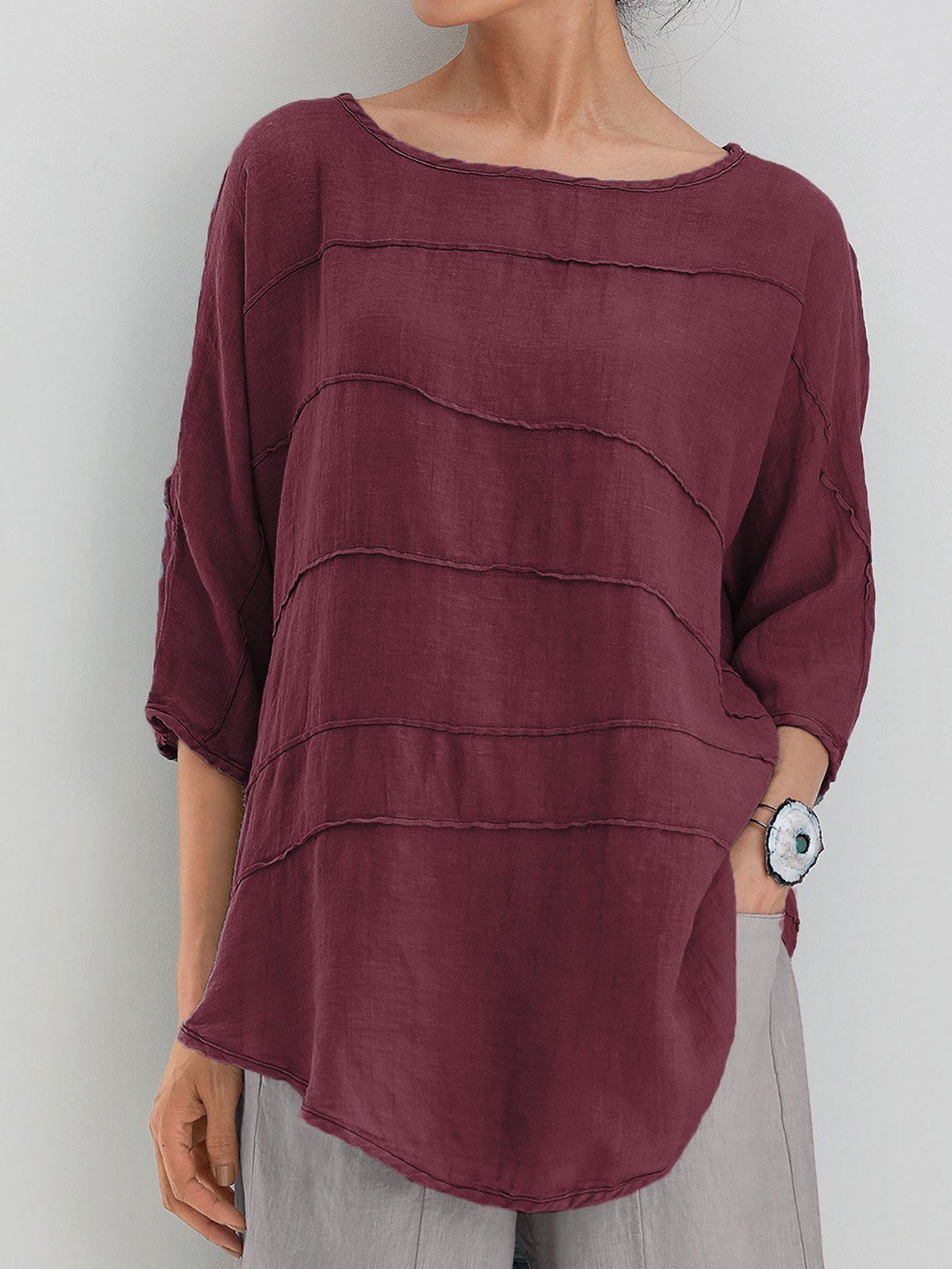 Camicette Estate Top con 3/4 Batwing Manica a Girocollo Solido
