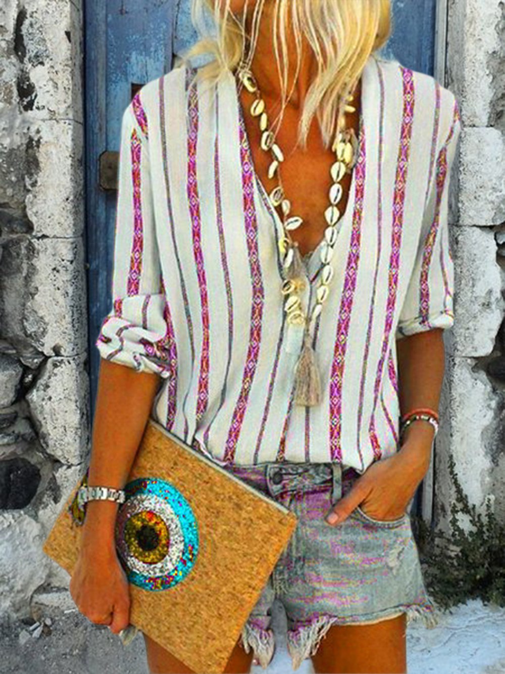 Camicetta Donna Scollo a V a Righe