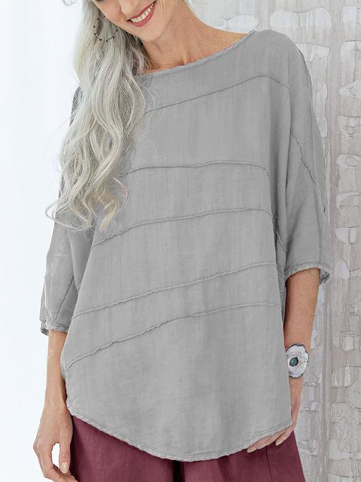 Camicette Estate Top con 3/4 Batwing Manica a Girocollo Solido