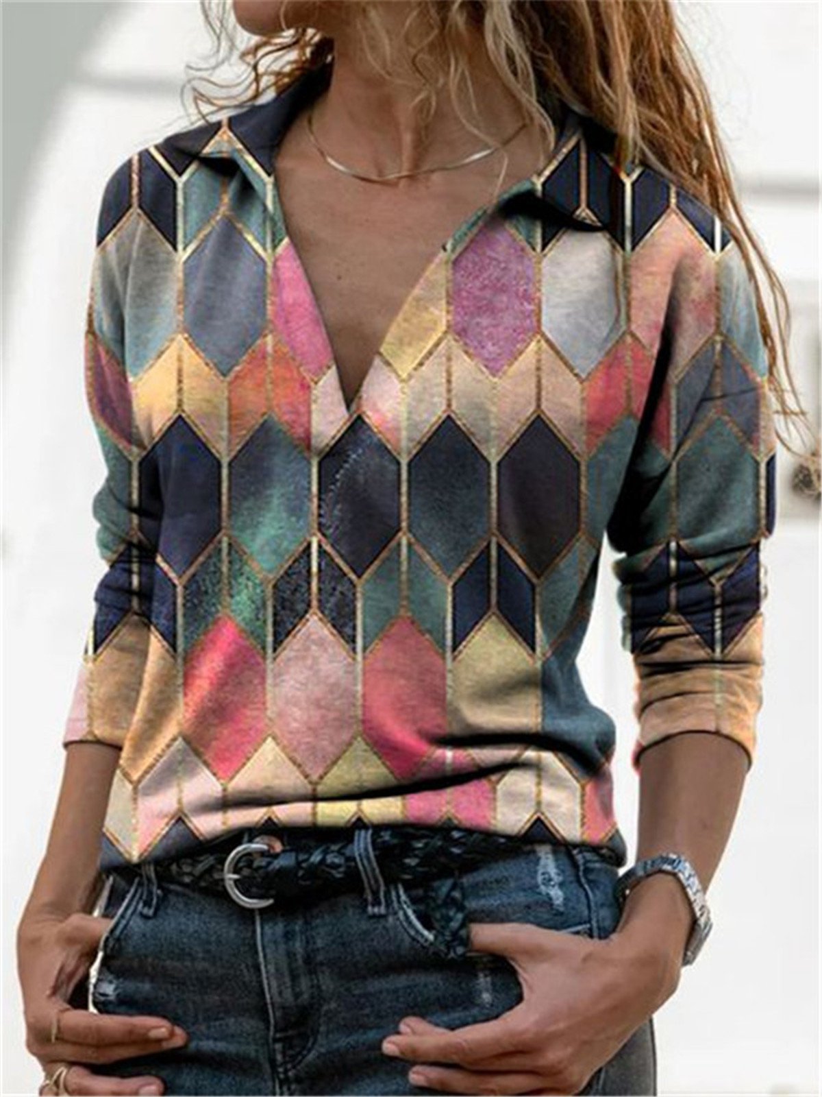 Colore-block Maniche Lunghe Colletto a Camicia Astratto Top