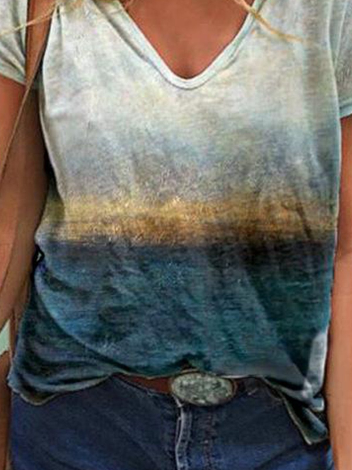 Stampa di Paesaggi Scollo a V T-shirt Superiore Donna