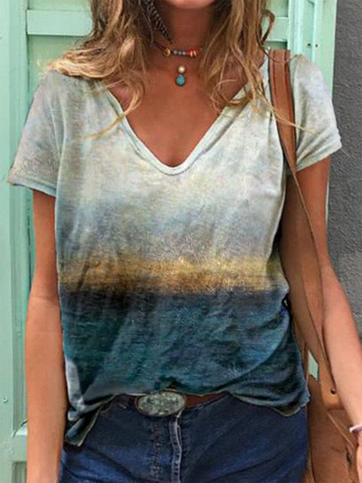 Stampa di Paesaggi Scollo a V T-shirt Superiore Donna
