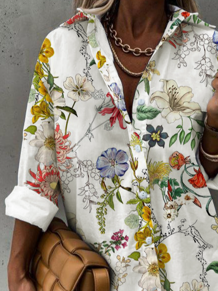 Floreale Cotone miscele Colletto a Camicia Camicetta