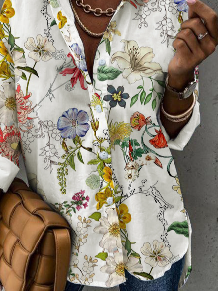 Floreale Cotone miscele Colletto a Camicia Camicetta