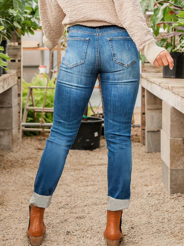 Vita Media Solido con tasche Strappato Denim Magro Denim & Jeans