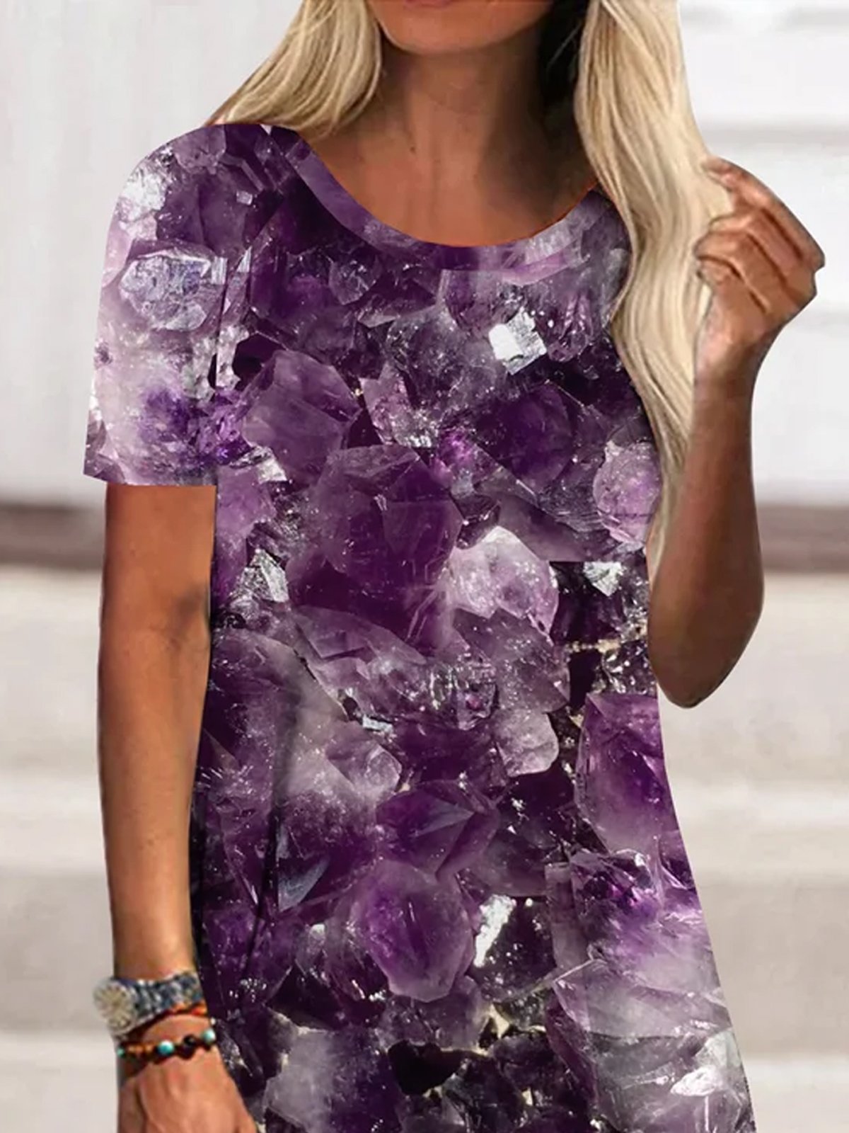 Sciolto Casuale Vacanza Viola Cristallo Buona Stampato superiore T-shirt taglia grande