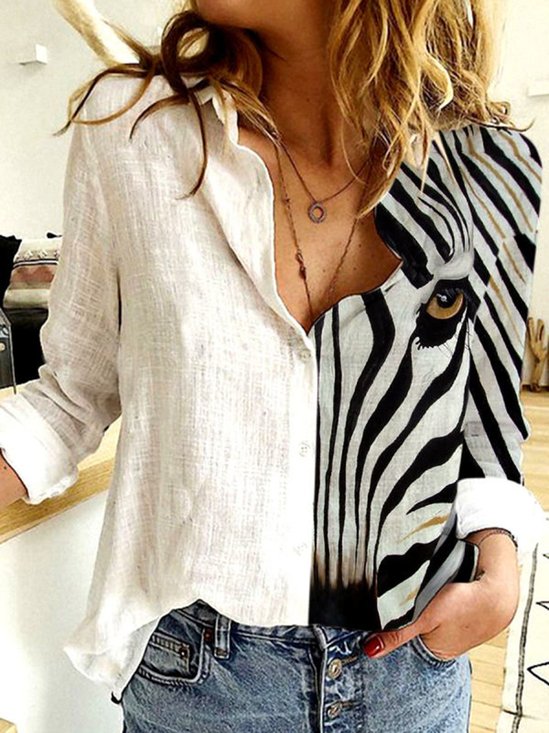 Cotone Lino Zebra Stampare Sciolto Maniche Lunghe Camicetta