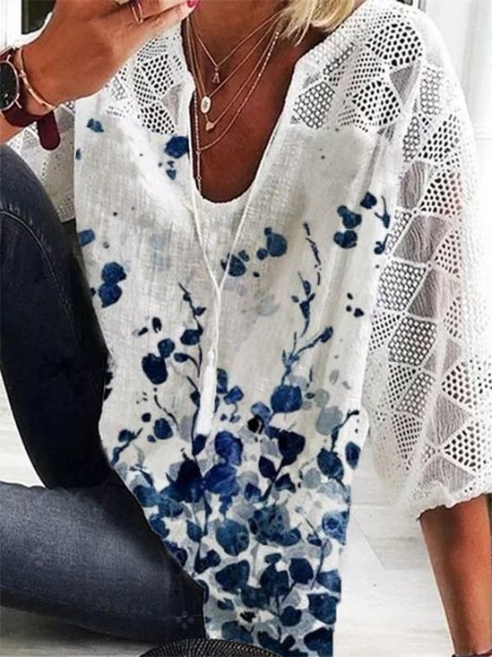 Scollo a V Stampato Floreale Misto Cotone Casuale Top