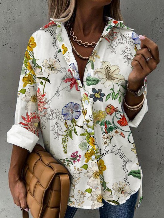 Floreale Cotone miscele Colletto a Camicia Camicetta