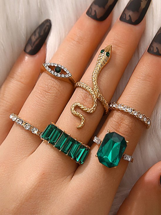 6 pezzi Vintage Diamante verde Pietra preziosa Serpente Squillo Impostare Festa Anelli Vacanza Gioielleria